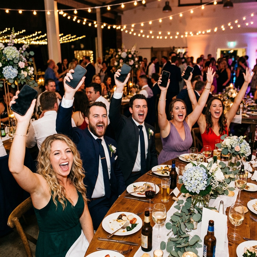Wedding guests erupting in cheers after winning a digital prop bet on their smartphones
