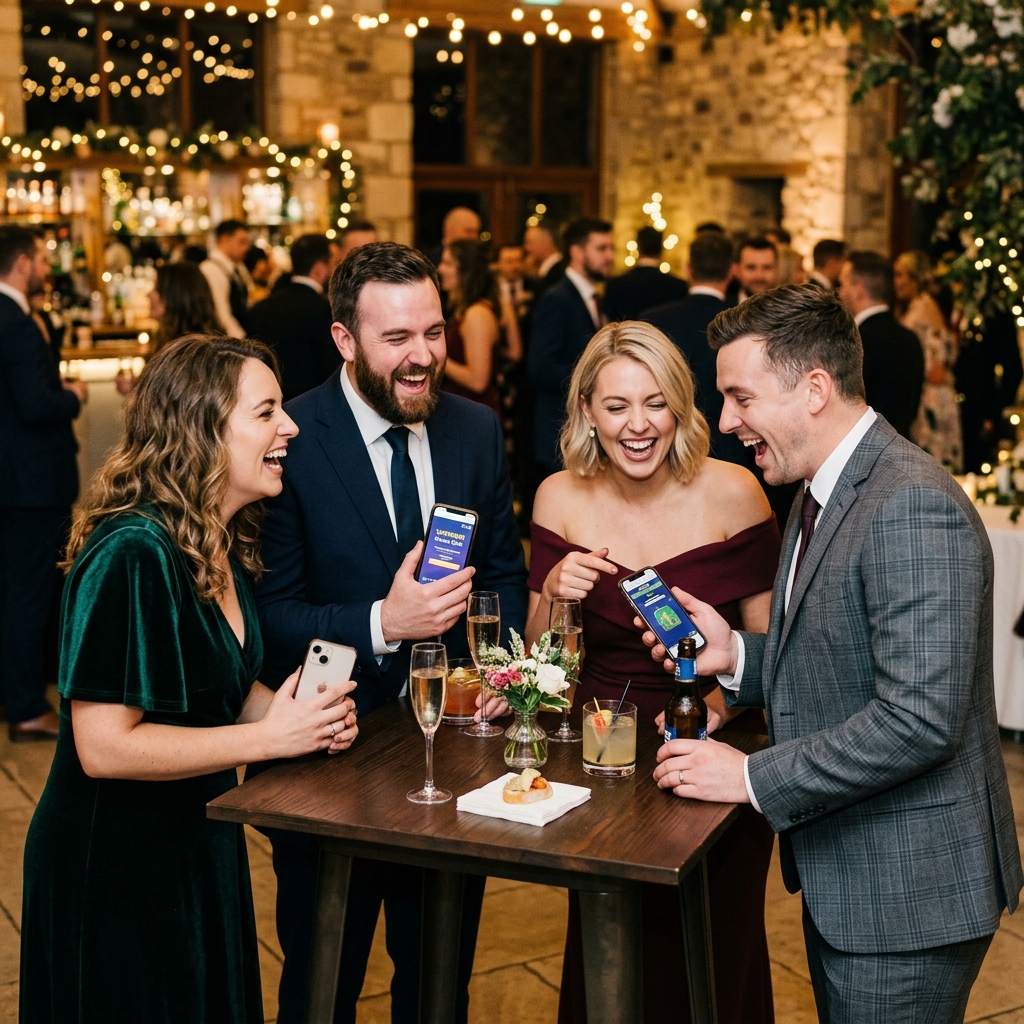Wedding guests laughing collectively around a cocktail table while looking at their phones